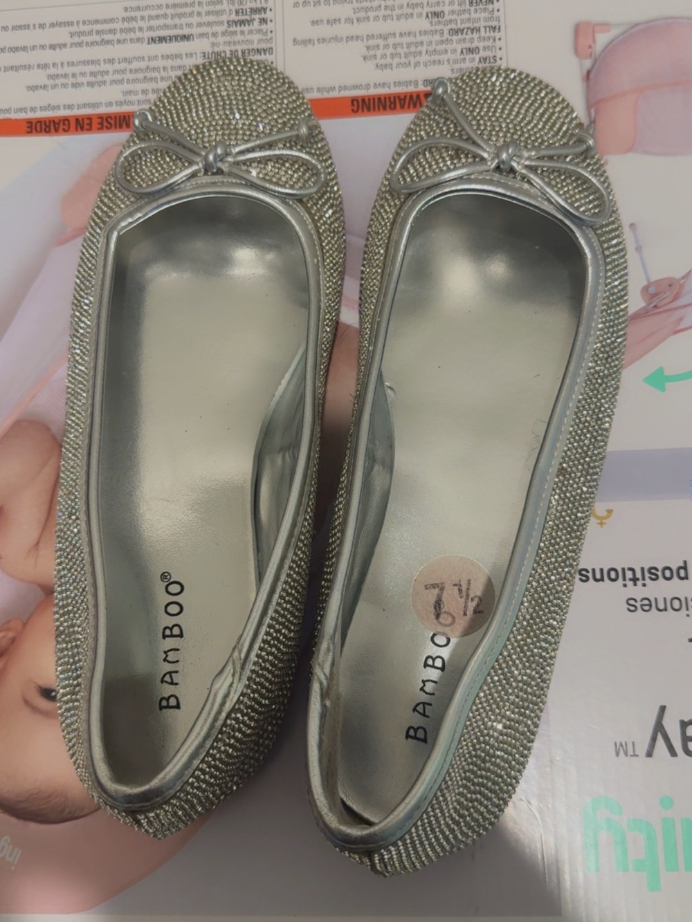 BAMBOO Silver Rhinestone Bow Ballet Flats